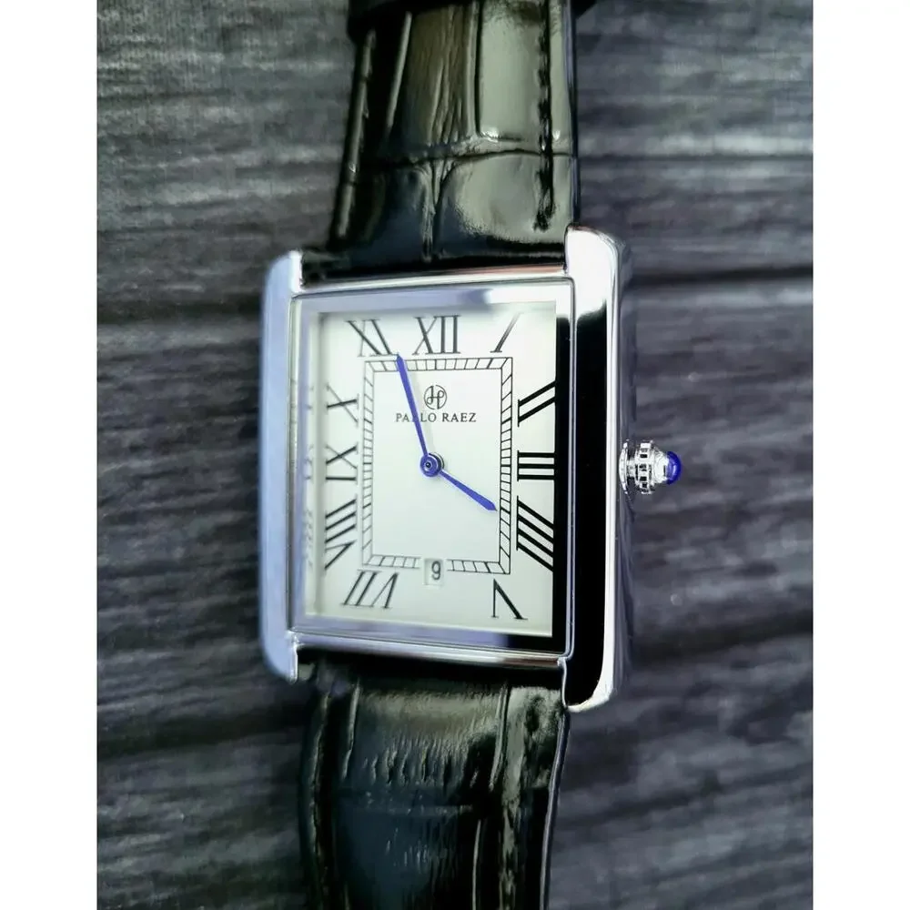 Pablo Raez Mens Silver‎ Tank Swiss Style Watch 40mm Large